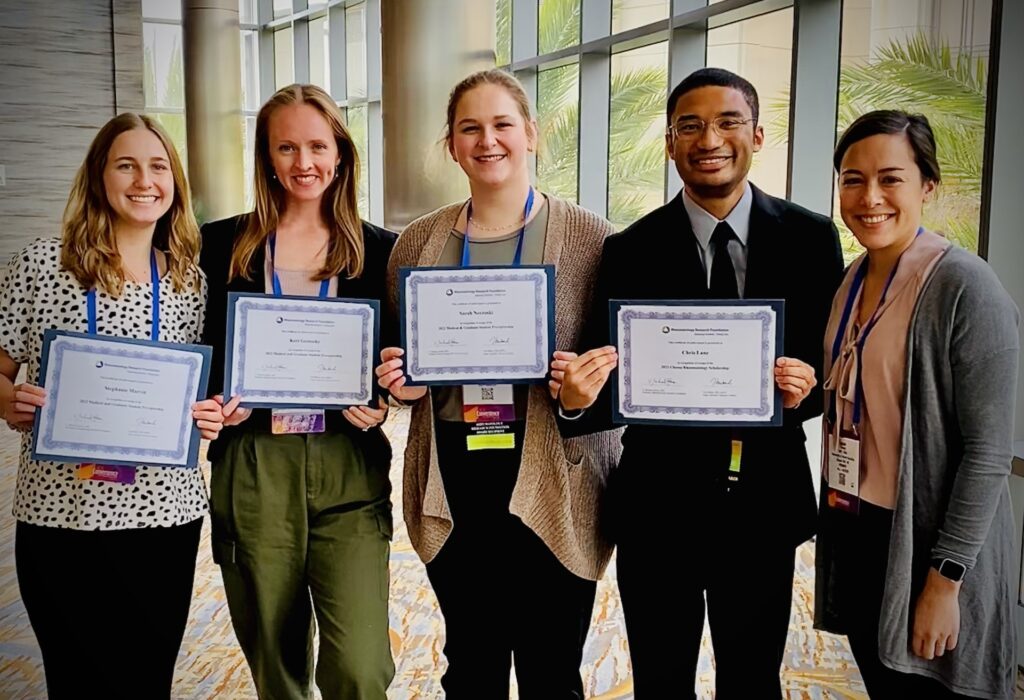 Four student members of Dr. Louise Thoma's research team were recognized by the Rheumatology Research Foundation for their Graduate Student Research Preceptorship Awards (Stephanie Marvin, Keri Geinosky, Sarah Novroski) and Choose Rheumatology Travel Scholarship for Underrepresented Trainees (Chris Lane).