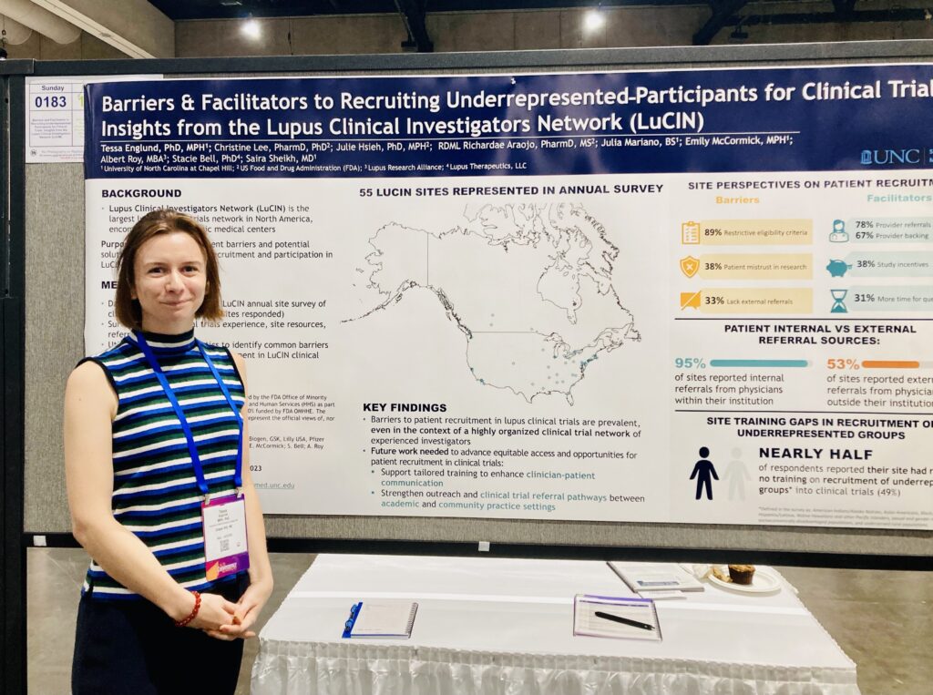 Dr. Tessa Englund presenting research focusing on recruiting underrepresented participants in lupus clinical trials on behalf of the Sheikh research team and collaborators.