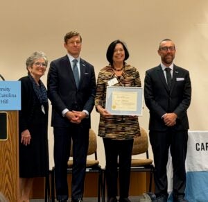 Lynn White Blanchard, Director of the Carolina Center for Public Service, Lee H. Roberts, UNC Chancellor, Leigh F. Callahan, Mary Link Briggs Distinguished Professor of Medicine, Magnus Egerstedt, UNC Provost and Executive Vice Chancellor.
