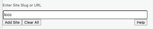 Screenshot of "lccc" in the "Enter Site Slug or URL" field.