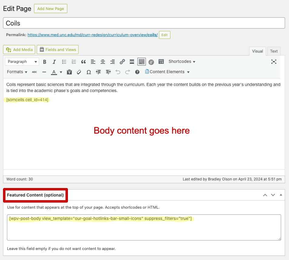 Screenshot showing Cells shortcode in both the Body and Feature Content areas.