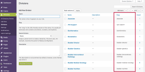 Screenshot of WordPress dashboard showing where to find a Divisions slug.