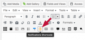 Notification shortcode button in the interface