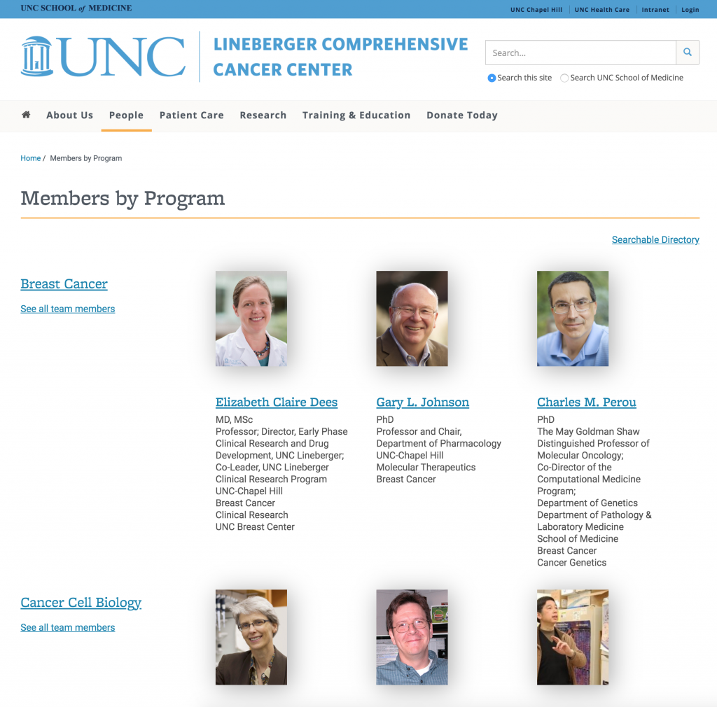 People directory sample for UNC Lineberger