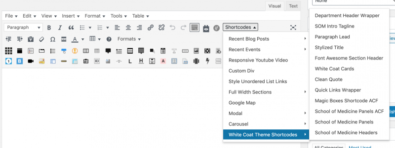 Screenshot showing where to find the White Coat Shortcodes in the editor.