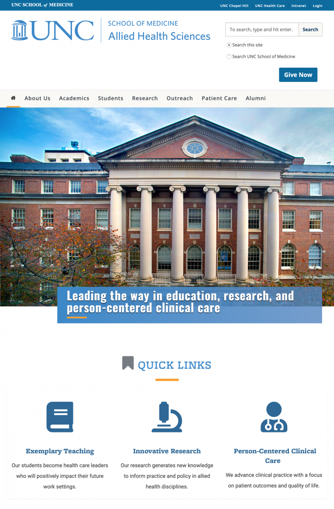 Screenshot of Allied Health Sciences home page