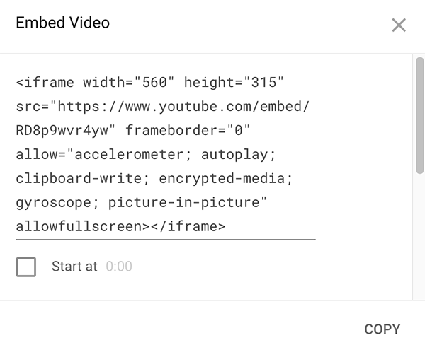 Sample embed code from YouTube.