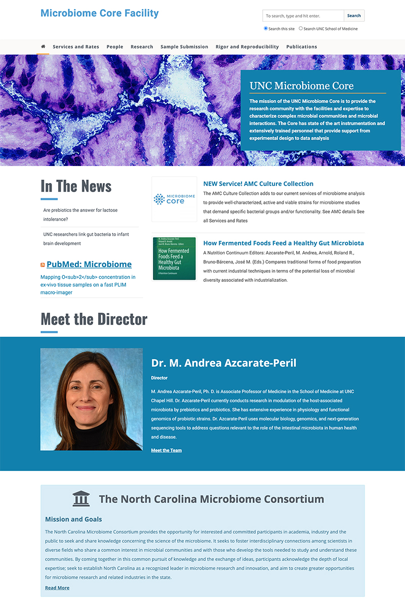 Screenshot of the Microbiome Core Facility homepage.