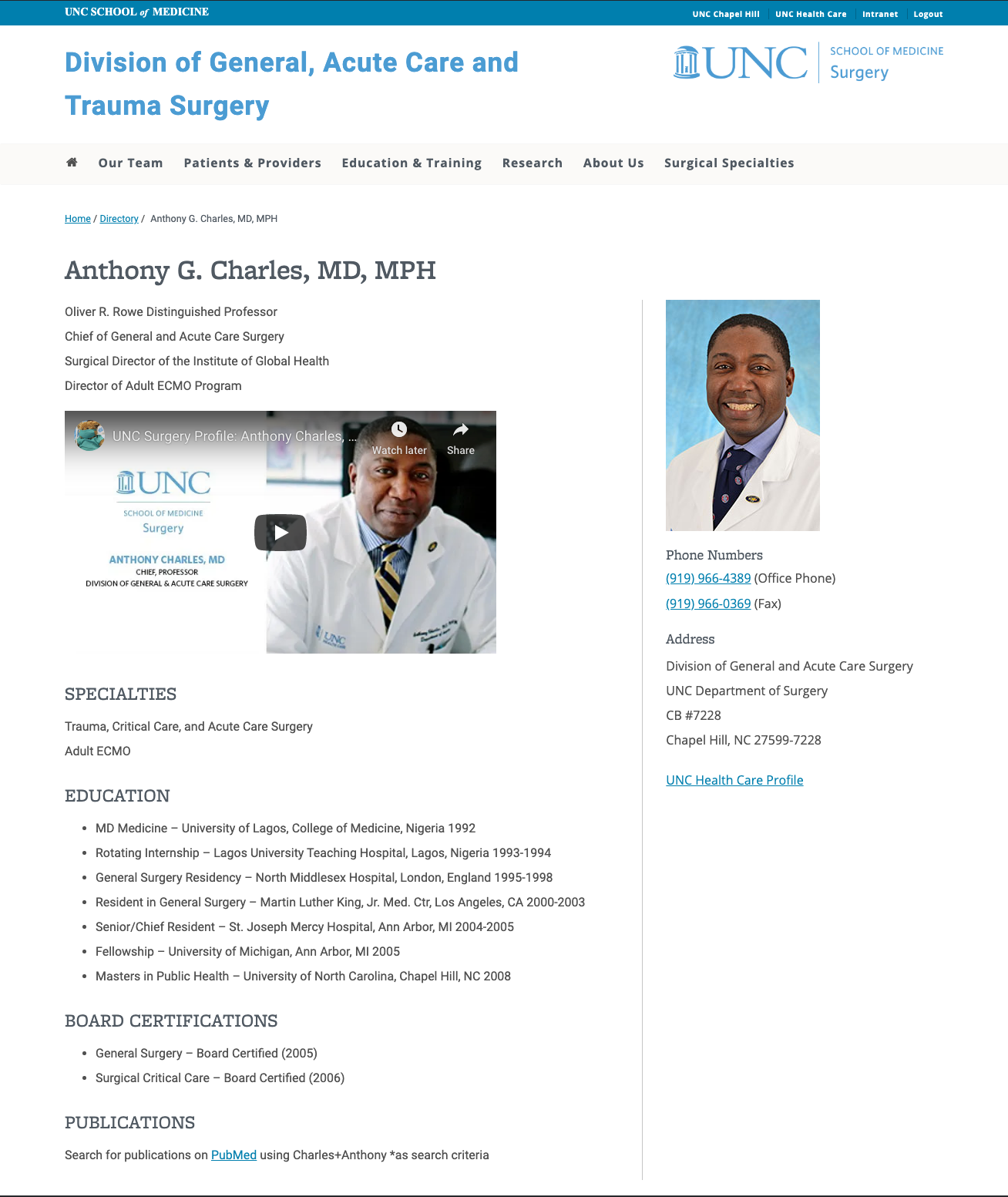 profile example of Anthony G. Charles, MD, MPH