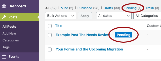Example screenshot of where to find posts in the Pending Review state.