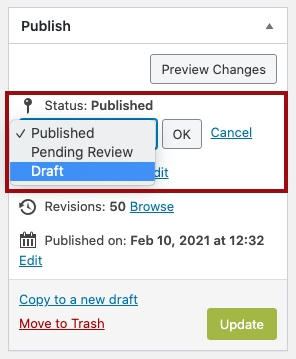 screenshot of how to convert published content to draft.