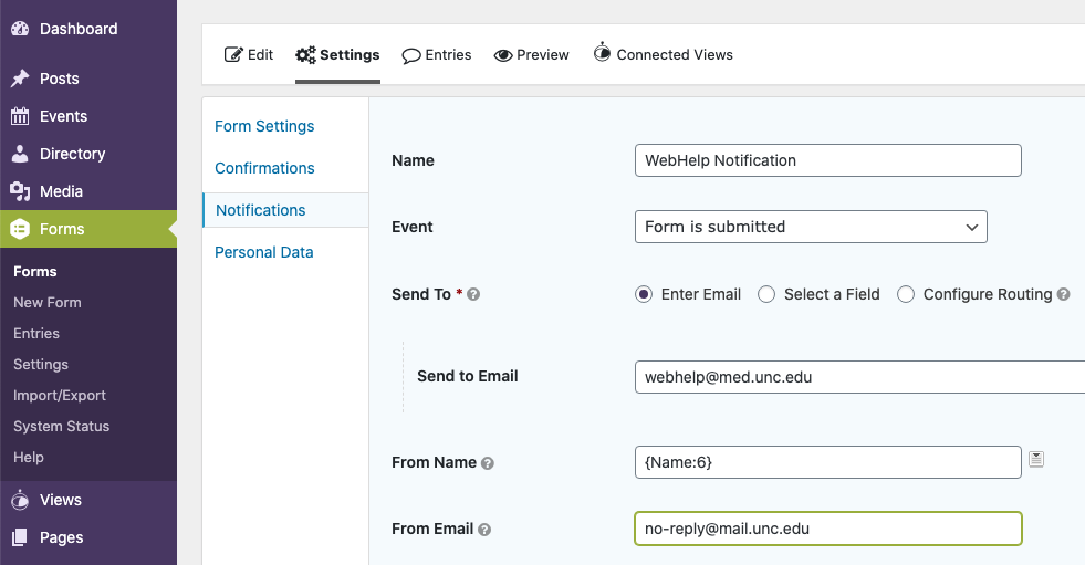 screenshot highlighting the From Email field on form submissions.