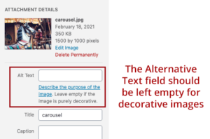 screenshot showing the insertion of an image to a webpage. The empty alternative text field is highlighted and text explains that the Alternative Text field should be left empty for decorative images.
