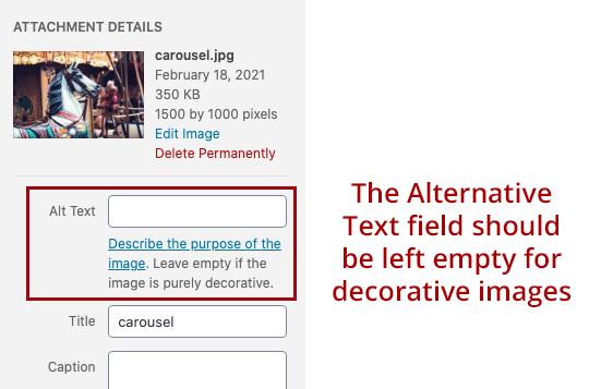Screenshot showing the insertion of an image into a webpage. The empty alternative text field is highlighted and text explains that the Alternative Text field should be left empty for decorative images.