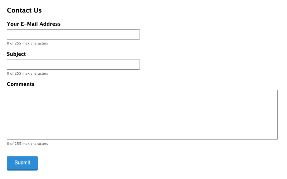 Example feedback form with email, subject, and comments fields.
