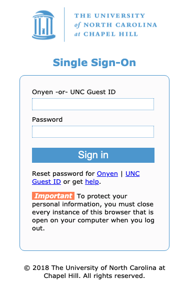 Screenshot of UNC's Single Sign-On.