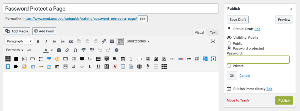Screenshot of where to enable password protection on a page.