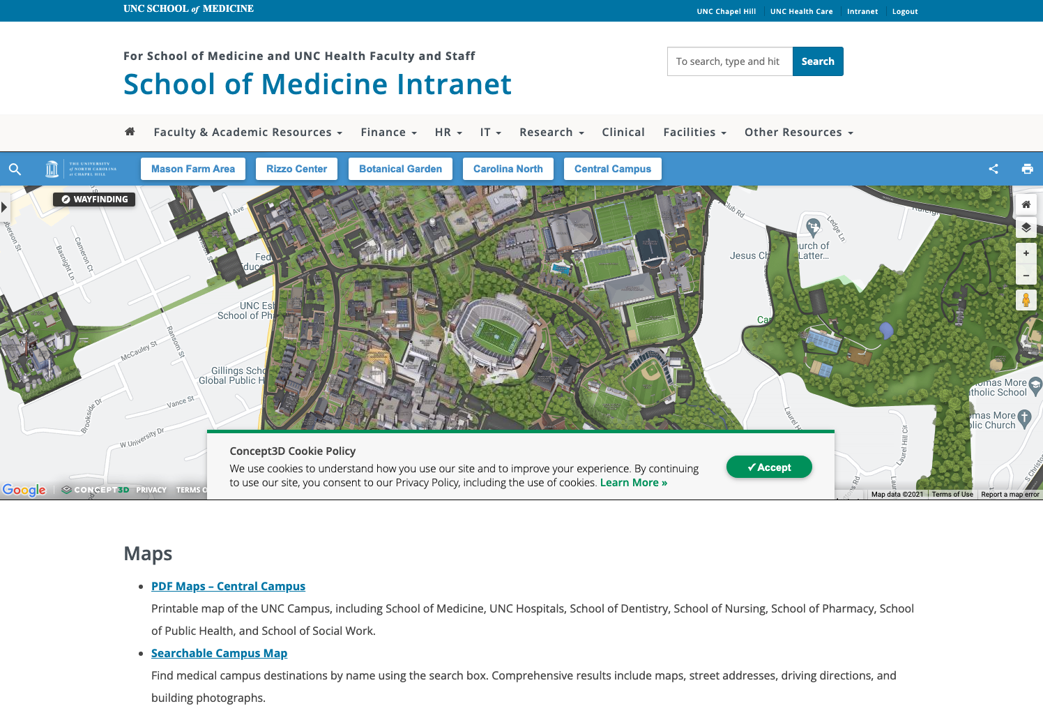 Screenshot of School of Medicine website displaying the embedded Campus Map, links to larger version of same screenshot.