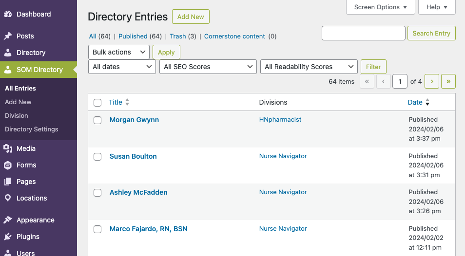 Screenshot of the new directory plugin showing a list of existing profiles.