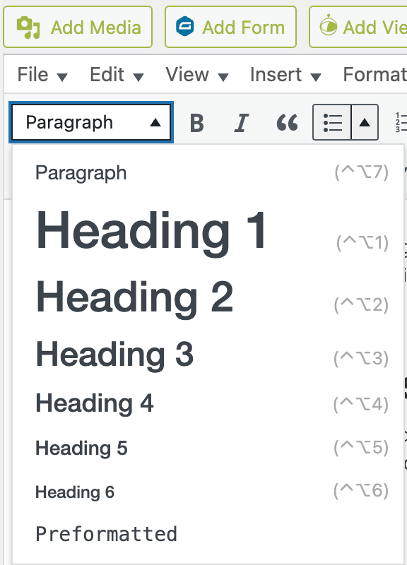 Screenshot of the formatting drop-down menu which provides paragraph and heading options.