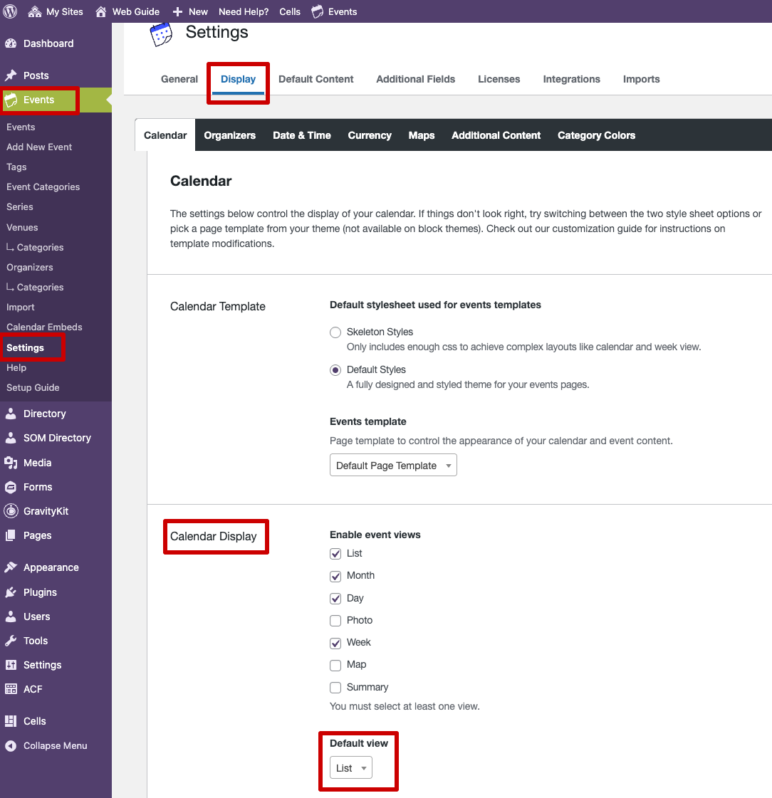 Screenshot showing the location of where to change the default view of the events calendar, links to full size image.