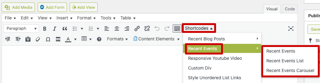 Screenshot of the WordPress editor with the display options for events highlighted, links to full-size image.