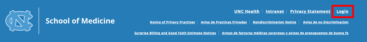 Screenshot of the School of Medicine footer with the Login link highlighted.