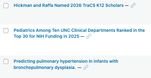 Screenshot of the WordPress Dashboard showing a list of posts, each with a link icon next to the title indicating the post redirects to another URL.