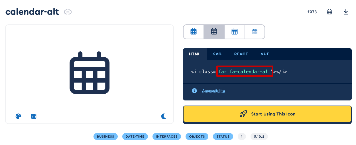 Screenshot of the Font Awesome website, highlighting the class name of an icon.