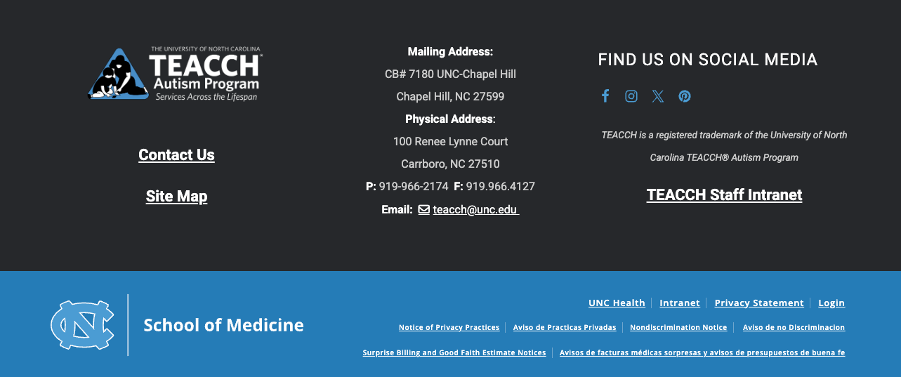 Example site footer from the TEACCH Autism Program.