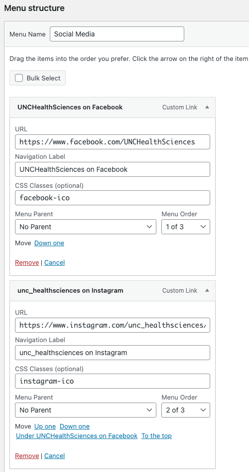 Screenshot of a menu of social media links being created in WordPress.